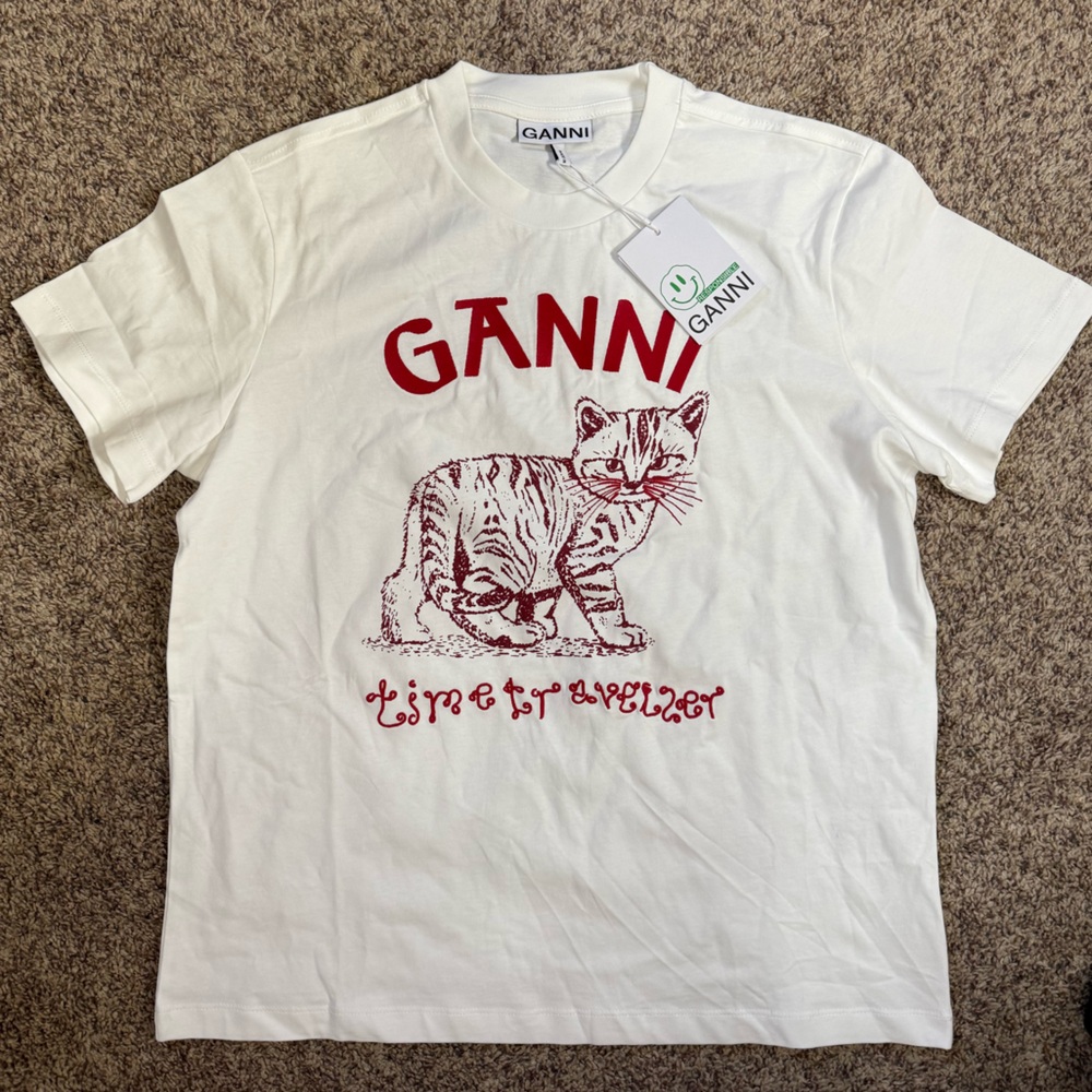 GANNI White Embroidered red cat T-Shirt